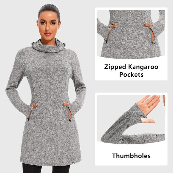 Women's Fleece Dress Running Sweatshirts Dresses with Thumb Holes Pocket Grey - Picture 4 of 6